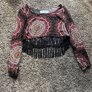 Gypsy Warrior boho pattern fringe trim long sleeve crop top